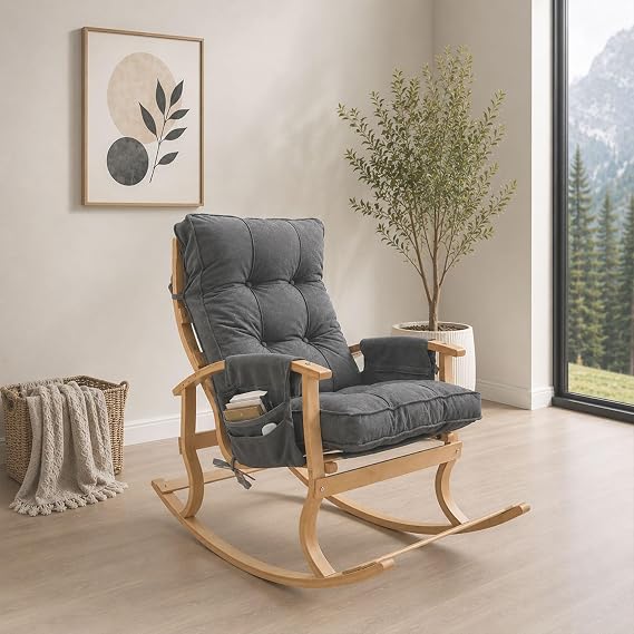 Ahşap Sallanan Sandalye TV Dinlenme Emzirme Baba Okuma Koltuğu Ergonomik Minderli Çift Cepli Füme