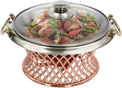 Chafing Dish Buffet, 1.5L Round Chafing Dishes for Buffet with Glass Lid Stainless Steel Round Chafers for Catering Warmer Tray for Parties, Dinners Red Copper