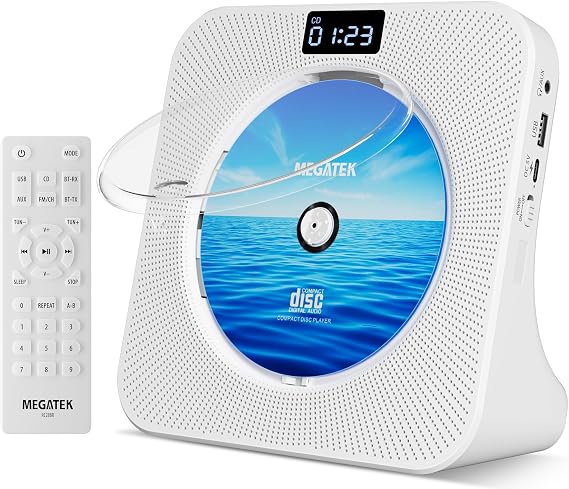 MEGATEK Portable CD Player with Bluetooth RX/TX, FM Radio & USB - White