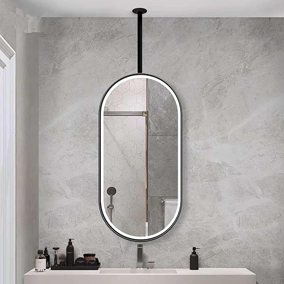 Luyckfrazy Oval Ceiling Hanging Mirror with LED Lights, Bathroom Vanity Mirror, Large Wall Mirror with Ceiling-Mounted Boom, Suspended Mirrors with Metal Frame, Black(50cmx60cm)