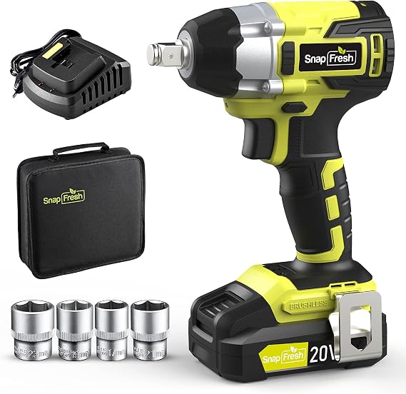 20V Brushless Cordless Impact Wrench Kit w/ 1/2 Hog Ring Anvil Chuck, 2400 Inch-lbs Torque Max, 2300 RPM Variable Speed. Included 2.0 Ah Li-ion Battery, Fast Charger, 4 Pcs Sockets, Carry Bag