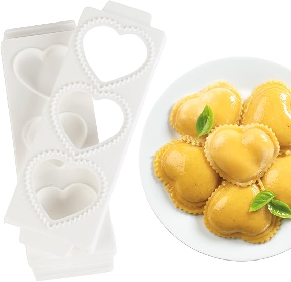 Jumbo 3" Heart Ravioli Molds - Homemade Filled Pasta Maker- 2 pc Tray & Press makes 3 Large Stuffed Raviolis, Easy to Use & Clean- Add Love to Italian Dinner Party, Cute Housewarming Gift, Date Night