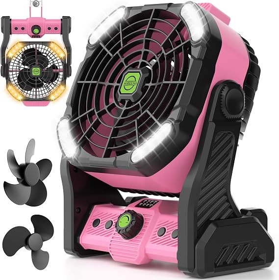 RUNTOP Camping Fan, 2 Blades High Speed Portable Ultra-quiet, USB Fan with Hook,Timer, Light,270Rotation USB Cordless fans for Tents,Travel,Beach,Outdoor,Table