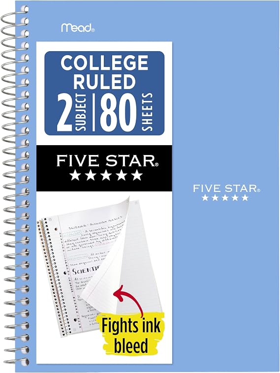Five Star Spiral Notebook, 2 Subject, College Ruled Paper, 6" x 9.5", 80 Sheets, Blue (840029CG1)