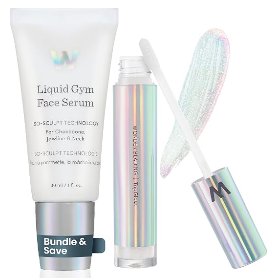 Wonderskin Liquid Gym Face Serum and Wonder Blading Top Gloss - Holographic Lip Gloss Set