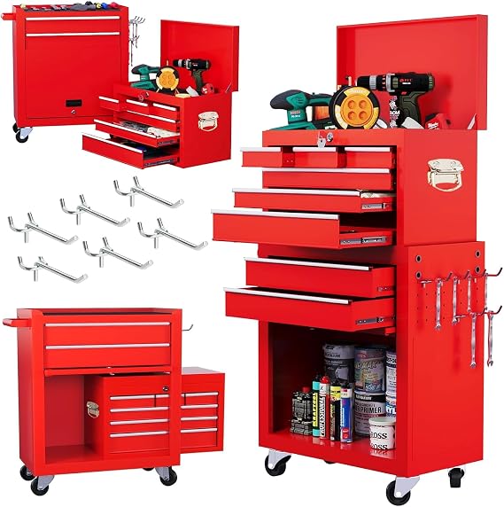 Dawmilon 8-Drawer Rolling Tool Chest, 2-in-1 Tool Box Organizer with Lockable Wheels, Sliding Drawers, and Detachable Top, Garage Workshop Tool Storage Cabinet, Red