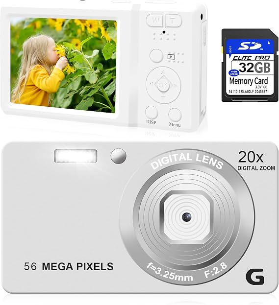 Digital Camera,Kid Cameras for Photography,HD 1080P 56MP Vlogging Camera,Auto Focus,20X Digital Zoom,Small,Portable,Pocket Camera for Students,Teens,Kids-White