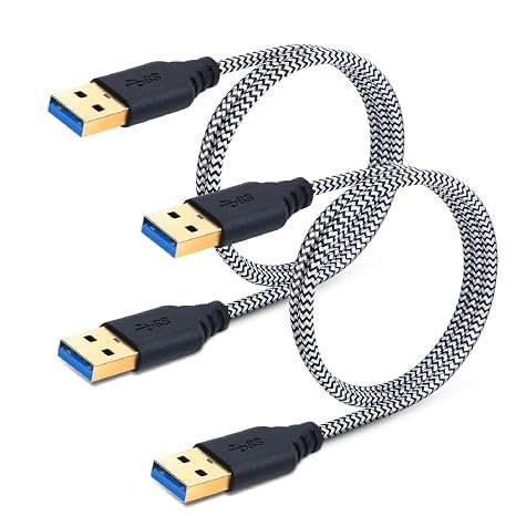 Male to Male USB 3.0 Cable, 2-Pack 3FT/1M Short Braided USB Type A to A Cable Cord for Data Transfer, DVD Player, Laptop Cooler and More, White