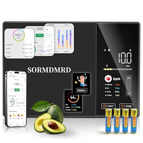 Smart Kitchen Food Scale with Nutritional Calculator | Calorie Fat Carbs Protein Tracker, Free App, Barcode Scan, Food Preload, On-Screen Nutrient Display, Personal Goals, 11 lb