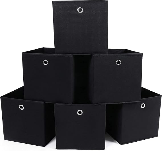 SONGMICS RFB02H-3 Saklama kutusu, 6 adet, katlanır kutu, parmak delikli, 30 x 30 x 30 cm, siyah | Mürekkep Siyahı Dokumasız Kumaş Kutu, TINA Koleksiyonu RFB02H-3