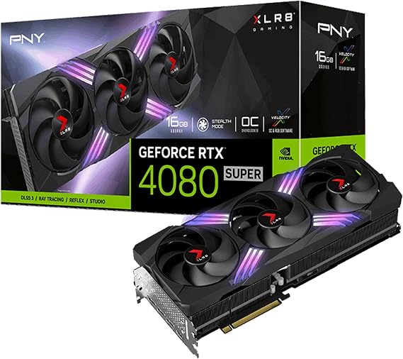 PNY GeForce RTXTM 4080 Super 16GB XLR8 Gaming VertoTM Epic-X RGBTM OC Triple Fan Graphics Card DLSS 3 (ARGB, 256-bit,PCIe 4.0, GDDR6X, HDMI/DisplayPort, incl. Adapter & Support Bracket, 3.5 Slot)