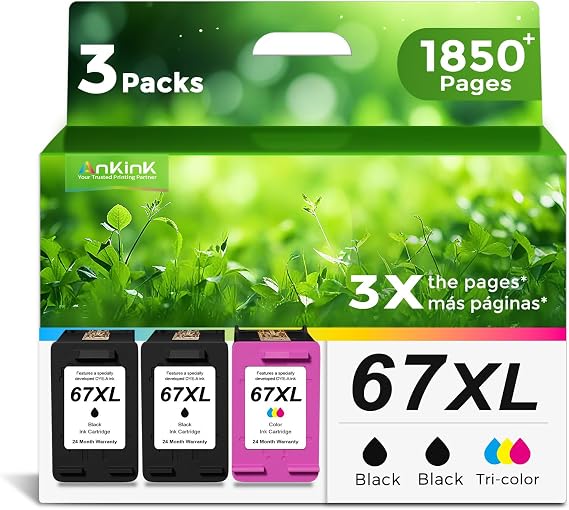 Ankink 67XL Ink Cartridge Black Color Combo 3-Pack Replacement for HP 67 XL