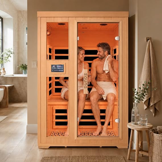 Homsido 2-Person Low EMF Far Infrared Sauna for Home,Canadian Hemlock Wood with 7-Color Therapy,Bluetooth Speakers,Chromotherapy Lights,1850W Heater,Tempered Glass Door&LCD Control Panel