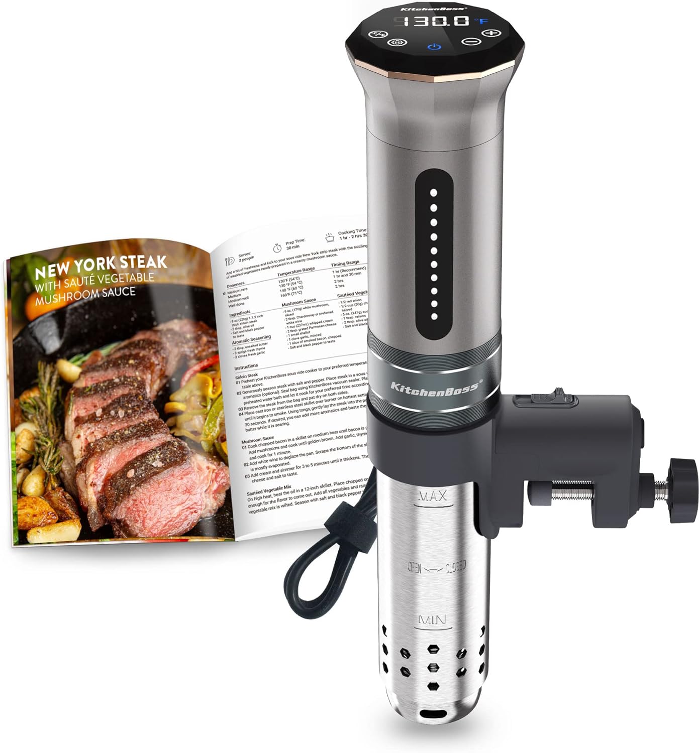 KitchenBoss Sous Vide Cooker Machine: Ultra-quiet 1100 Watt IPX7 Waterproof Water Thermal Immersion Circulator Accurate Temperature Control Digital Display Slow Cooking Sous-vide