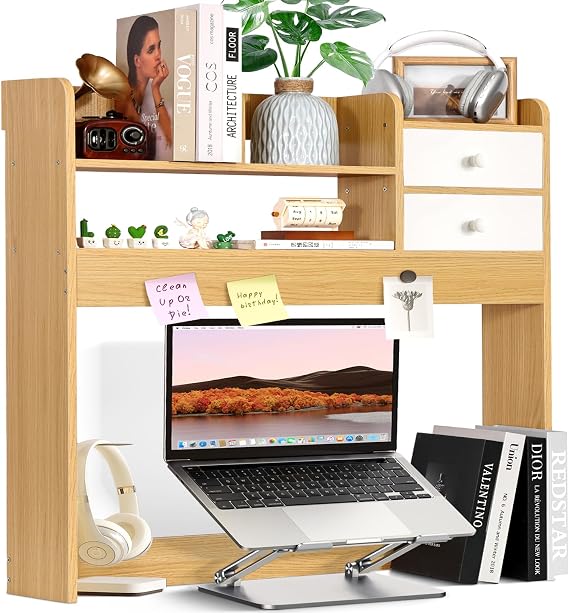 YGYQZ Wood Desk Shelf Organizer, Desk Hutch Top Only, Countertop Storage Hutch with 4 Shelves for Computer Desk,2-Tier with Cabinet Door Rack for Office, Home, Dorm,Natural