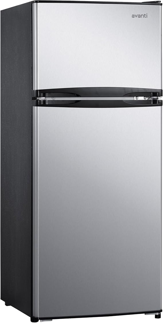 Avanti Apartment Refrigerator Freestanding Reversible Dual Doors Compact Design Full Fridge with Top Freezer, Adjustable Shelves, Full Range Temperature Control, with Crisper, 4.5-Cu.Ft, Metallic