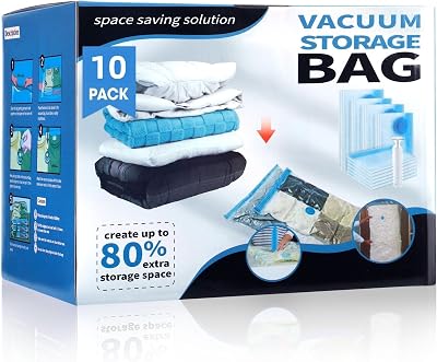 Vacuum Storage Bags with Hand Pump, 12 Large Compression Space Saver Vacuum Seal Bags for Clothing, Travel, Luggage, Comforters, Blankets, Pillows, Bedding, Duvets