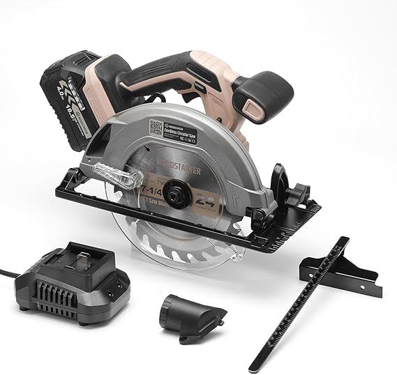 Cordless Circular Saw, 7-1/4" Electric Circular Saws with 5000RPM Brushless Motor, 45 Bevel Cutting, Max Depth 2-1/2", LED Light, Carpentry Tool for Precision Cutting (Battery & Charger)