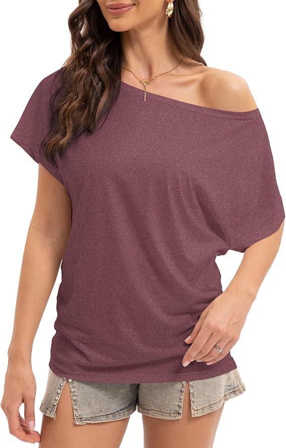 Womens Off Shoulder Tops Summer Casual Loose Fit Short Sleeve T Shirts