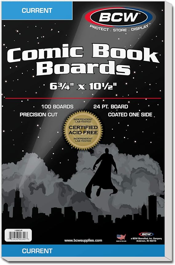 BCW Current Comic Book Backing Boards - 1 Pack (100 total) | 24 pt., Coated, Buffered with 3% Calcium Carbonate | Precision Cut for Current Comic Bags | Comic Book Boards for Long-Term Storage