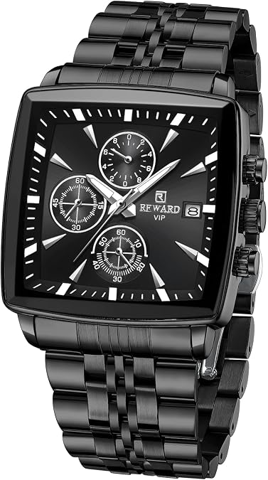 REWARD Quartz Mens Watch Classic Square Watches Man Waterproof Luminous Stainless Business Mens Wristwatch Black