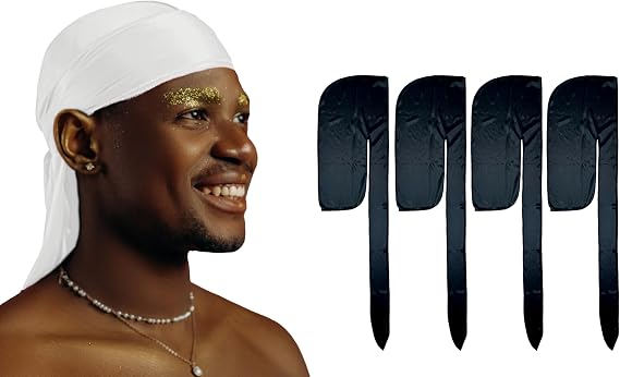 1 Pack White Silky Satin Durag Bundle 4 Pack Black Silk Durag