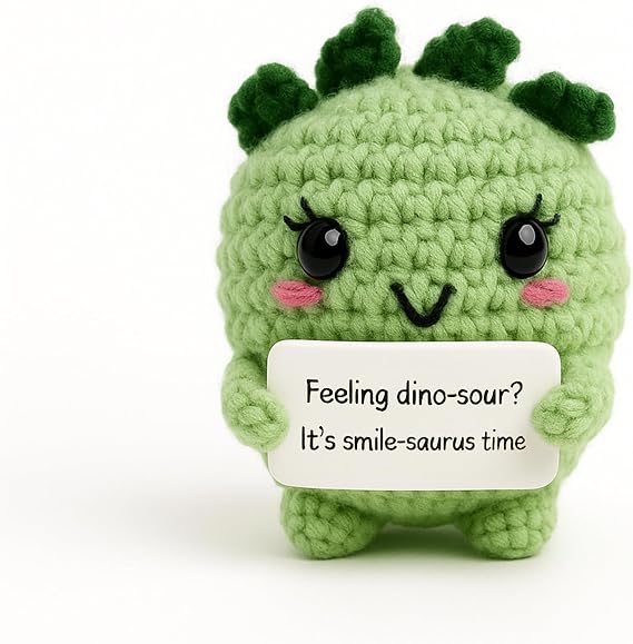 AltrEgo Emotional Support Positive Dashing Dino Crochet Toy, Handmade, with Message Card | Anniversary Birthday Gratitude Couple Mini, Decor, Inspirational Motivational Funny (Smile-Saurus time)
