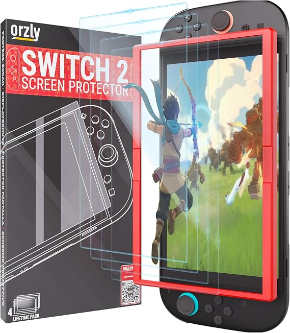 Orzly Glass Screen Protector for Nintendo Switch 2 Console 2025 Screen Size 7.9 inch 4 Pack. No Bubbles Easy Installation Anti Scratch Edition