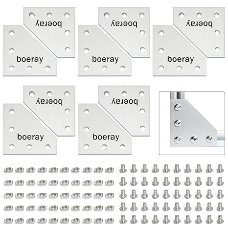 10pcs Aluminum Alloy T Slot L Shape Joining Plate and 50pcs M5x8 Hex Screw and 50pcs T Nut for 2020 Series Aluminum Profile