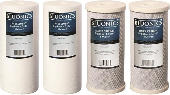 BLUONICS Sediment & Carbon Block Replacement Water Filters 4pcs (5 Micron) 4.5" x 10" Whole House Cartridges for Rust, Iron, Sand, Dirt, Sediment, Chlorine, Insecticides and Odors