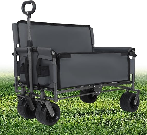3-in-1 Convertible Folding Wagon Cart with Bench Seat & Storage - 500lbs Heavy-Duty Utility Wagon, 180L Capacity All-Terrain Wheels for Camping, Beach, Sports, Garden (Grey)