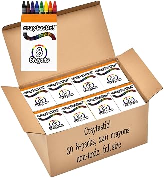 Craytastic! Bulk Crayons, 30 Individual Boxes of 8 colors/count Class Pack - Full Size, Premium (Red, Yellow, Green, Blue, Purple, Brown, Black) Safety Tested Comliant With ASTM D-4236