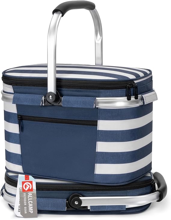 ALLCAMP Picnic Basket - Insulated Cooler, Thickening Foldable Picnic Basket with Removable Baskets & Sewn-in Frame, Basket for House Warming Gifts New Home(Blue White)