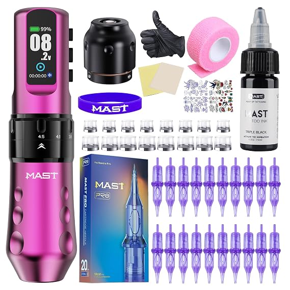 Mast Tattoo Flip4 Pro Wireless Tattoo Machine Kit Complete Kit Mcore-C1.1 Motor Rotary Gun with 7 Adjustable Strokes 2.5-4.5mm for Large Area Shading Powerful Lining