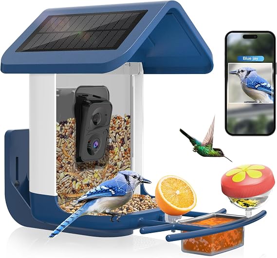 Smart Bird Feeder with Camera Solar Powered, 2K Live Stream for Backyard | 5MP Photos, AI Bird Species Identification, Auto Alert & Record, 1.8L Capacity, Bird Watching Gifts for Mom Dad, Blue White