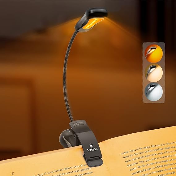 Vekkia/LuminoLite Rechargeable Amber Book Light, Clip on Lights for Reading in Bed, 3 Brightness 3 Color Temperature, 2.1 oz Lightweight, 70 Hrs Reading, Perfect for Readers & Kids (Black)