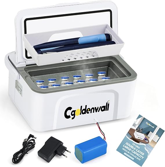 CGOLDENWALL Portable Insulin Cooler Box for Max.12 Pens, 7.5 * 3 * 2.7inches Internal Capacity 32-64F Setting with 5V 13600MAH Battery Mini Medicine Refrigerator for Home &Outdoor Use