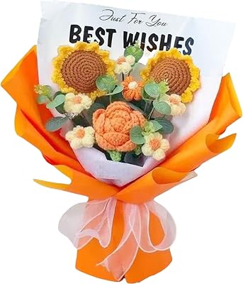 Crochet Sunflower Bouquet, 9pcs Knitted Yarn Flowers, Handwoven Flowers with Exquisite Package,Crochet Flower Gift for Mother Father Teacher Graduation Wedding Part Housewarming Big