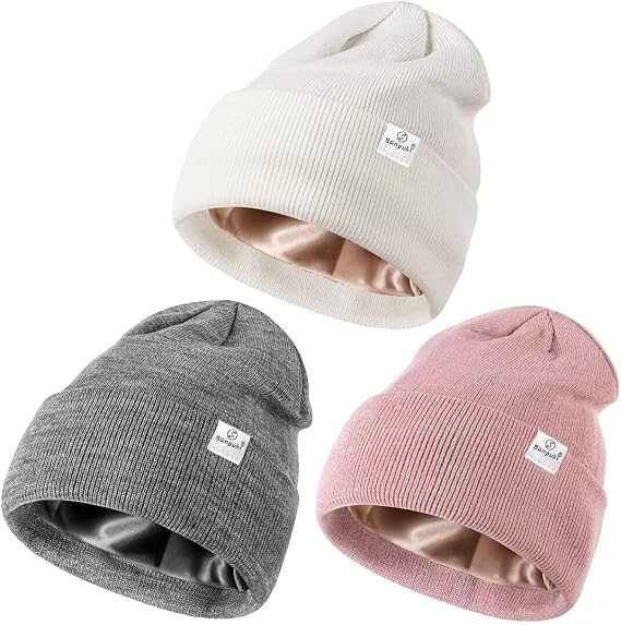3 Pack Satin Lined Winter Beanie Hats for Women Men,Silk Lined Beanie Knit Soft Warm Cuffed Hat