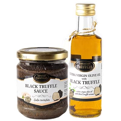 Extra Virgin Gourmet Olive Oil with Black Truffle Tuber Aestivum 100ml, Ideal for Cooking, Serving and Salads and Black Summer Truffle Tuber aestivum Gourmet Food Sauce 80g