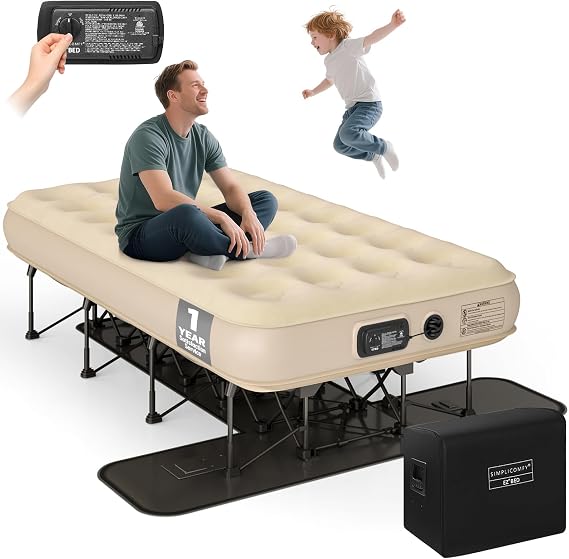 Simpli Comfy EZ Bed Twin Self-Inflating Air Mattress with Built-in Frame | with Built-in Pump and Wheeled Case, Blow Up Inflatable Air Bed Perfect for Home, Guests, Travel, Vacation, Camping