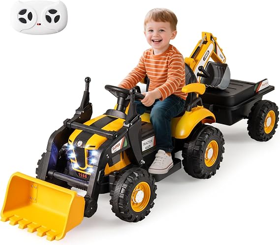 Costzon 4 in 1 Ride on Tractor, Excavator & Bulldozer for Kids, 12V Electric Construction Vehicle w/Trailer, Adjustable Seat, Shovel Bucket, Digger, LED Lights & Music, Backhoe Toy Car with Remote