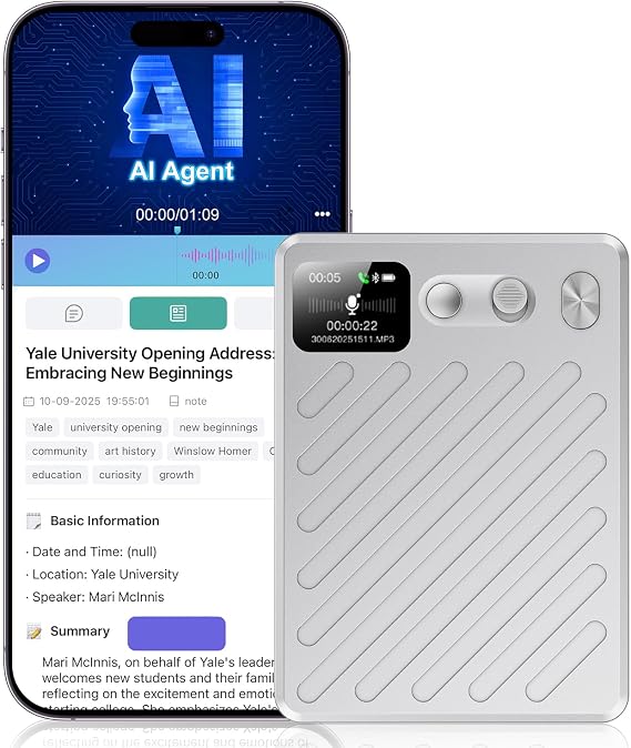 AI Voice Recorder, AI Transcription & Summary, APP Control AI Note Taking Device Supports 132+ Languages, 100H 64GB Memory, Magnetic Audio Recorder for Lectures, Learning, Meetings, Calls, Silver