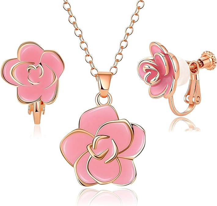 EVEVIC Dainty Rose Pendant Necklace and Clip On Earrings Set for Women