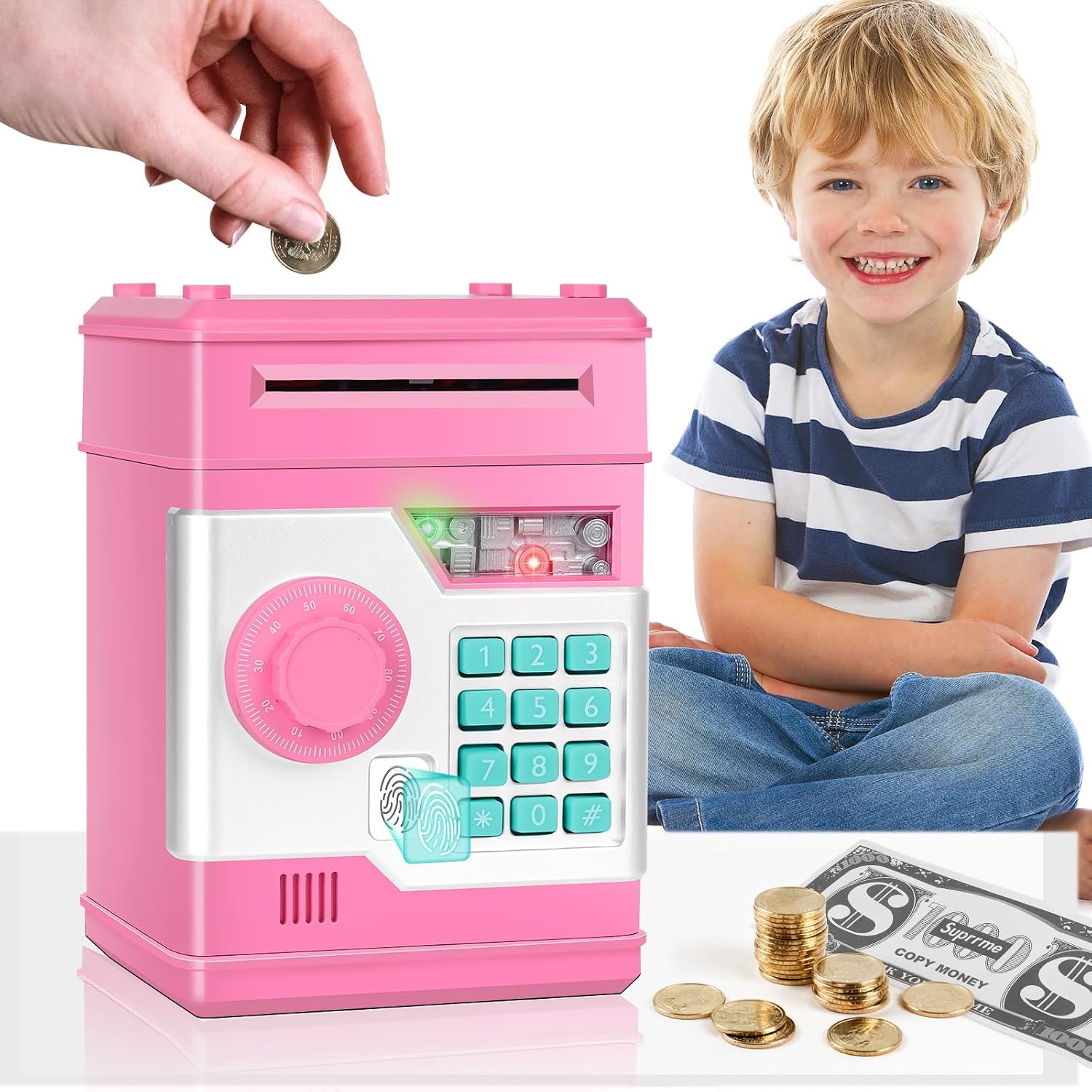 Piggy Bank for Kids, Cash Coin Can ATM Bank with Music and Fingerprint Unlocking Simulation, Electronic Coin Money Bank Gifts Toy for Kids Boys Girls, Pink