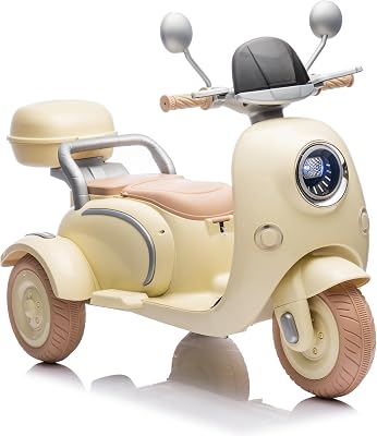 Two Motors 12V Kids Ride On ATV, Motorcycle Toys 3 Wheels Electric Trike Electric Motorcycle, Two-Seater Ride on Dirt Motorcycle wMusicBluetoothUSBLED Headlight for Kids 3-6 Beige