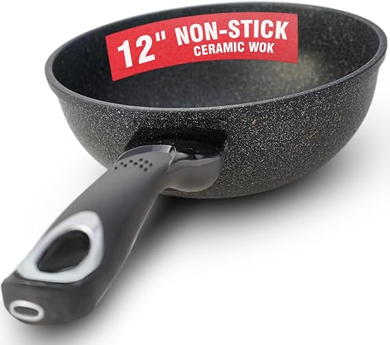 HOME N KITCHENWARE Nonstick Ceramic Wok, Frying Pan - Premium 9-Layered Cookware, Korean Marble-Coated - Easy to Clean Cast Aluminum - Induction Ready for Saute, Stir-Fry, Eggs, Fried Rice 12-Inch