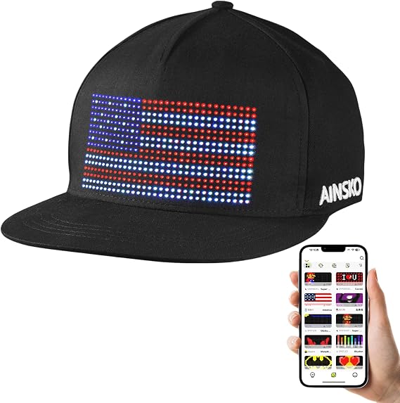 LED Snapback Hat Cap- Programmable APP-Controlled LED Scrolling Messages Light Up Display Baseball Cap Luminous Glowing Custom Hats for Men Party Club (AAA Battery Version) Black