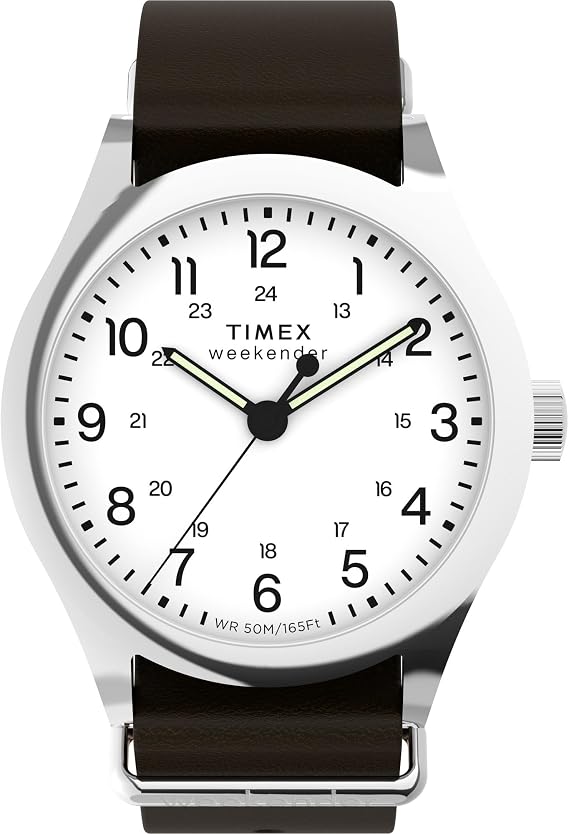 Timex Men's Weekender New England Three-Hand 39mm Watch - Brown Slip-Thru Double Layer White Dial Stainless Steel Case