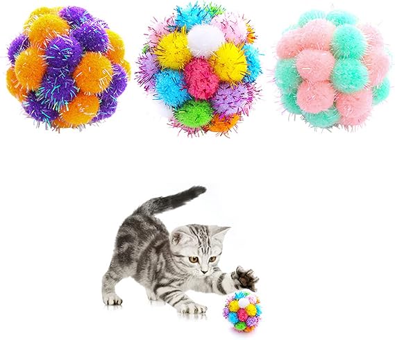 3 Pcs Cat Toy Balls with Bell, Round Cat Pom Pom Balls Built-in Bell, Colorful Sparkle Fuzzy Balls for Indoor Interaction, Play, Training and Chewing of Big Cats & Kittens